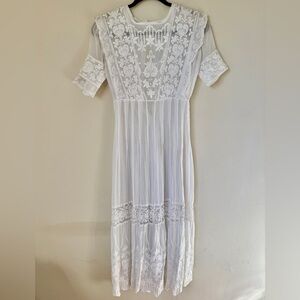 Antique Edwardian 1900s 1910s Cotton Embroidered White Tea Lawn Dress XS